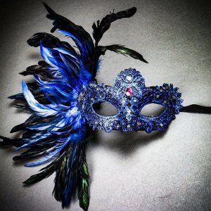 Blue Lace Venetian Venice Halloween Feather Mask